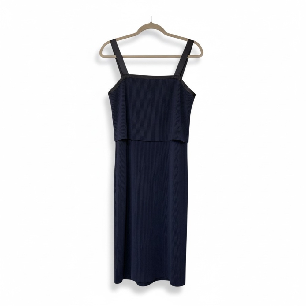 🔻Club Monaco Navy Pleated Midi Dress Silk Strap Layered Bodice Size 0